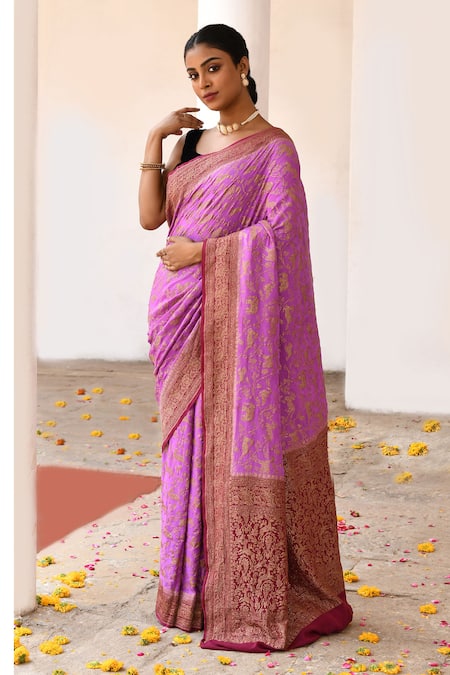 Naaritva India_Pink Chiffon, Silk, Crepe Hot Handwoven Banarasi Saree With Running Blouse _at_Aza_Fashions