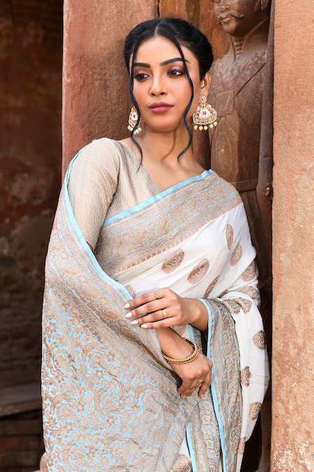 Shop_Naaritva India_Sky Blue Crepe, Silk, Handwoven Zari Work Banarasi Saree With Running Blouse _Online_at_Aza_Fashions