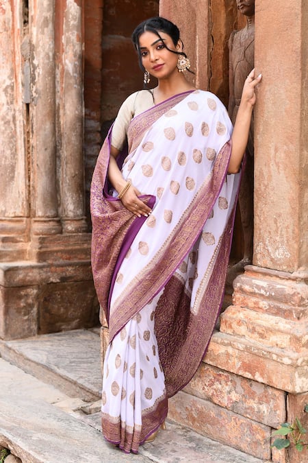 Shop_Naaritva India_Purple Crepe, Chiffon, Silk Light Handwoven Banarasi Saree With Running Blouse _Online_at_Aza_Fashions