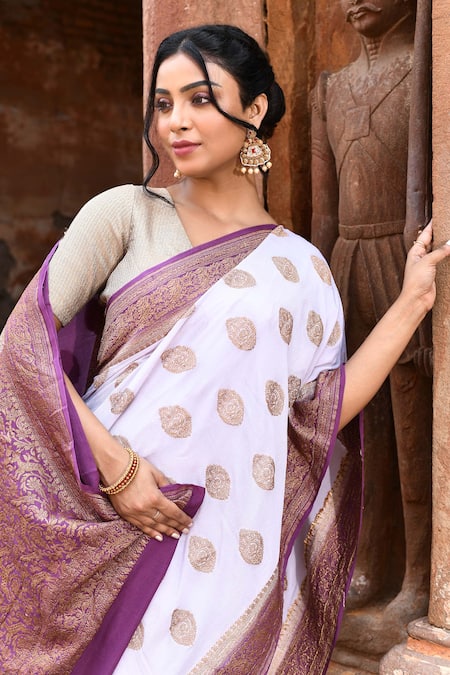 Naaritva India_Purple Crepe, Chiffon, Silk Light Handwoven Banarasi Saree With Running Blouse _at_Aza_Fashions