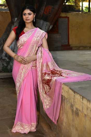 Buy_Naaritva India_Pink Chiffon, Silk, Handwoven Work Baby Banarasi Saree With Running Blouse _Online_at_Aza_Fashions