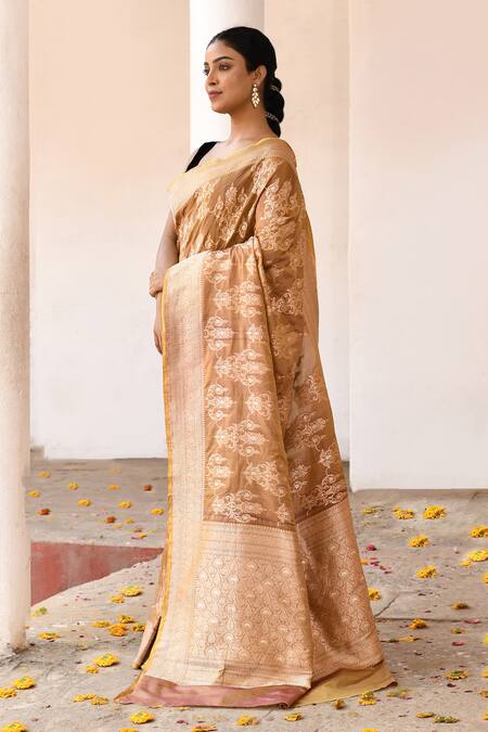 Naaritva India_Yellow Zari Handwoven Banarasi Saree With Running Blouse _Online_at_Aza_Fashions