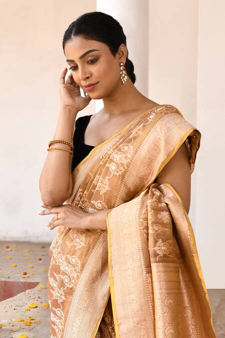 Shop_Naaritva India_Yellow Zari Handwoven Banarasi Saree With Running Blouse _Online_at_Aza_Fashions