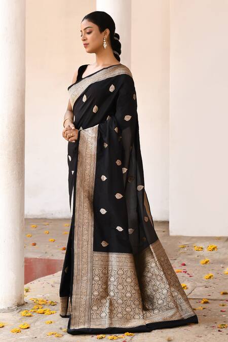 Shop_Naaritva India_Black Zari Handwoven Banarasi Saree With Running Blouse _Online_at_Aza_Fashions