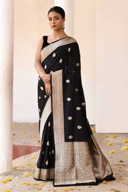 Naaritva India Black Zari Handwoven Banarasi Saree With Running Blouse 
