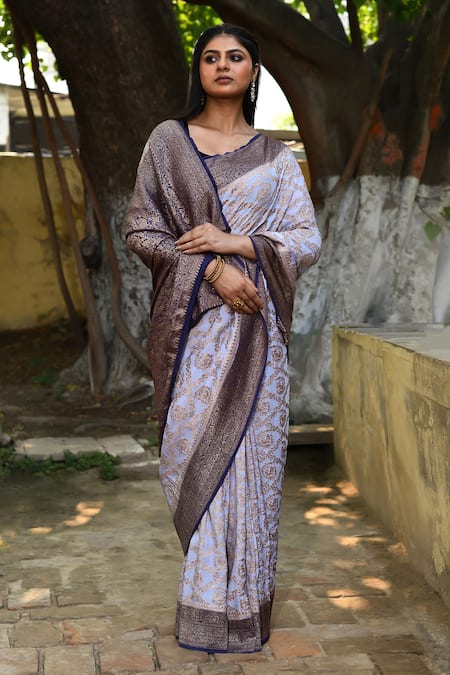 Buy_Naaritva India_Blue Crepe, Chiffon, Silk Pastel Handwoven Banarasi Saree With Running Blouse _Online_at_Aza_Fashions