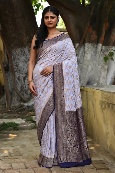Naaritva India Blue Crepe, Chiffon, Silk Pastel Handwoven Banarasi Saree With Running Blouse 