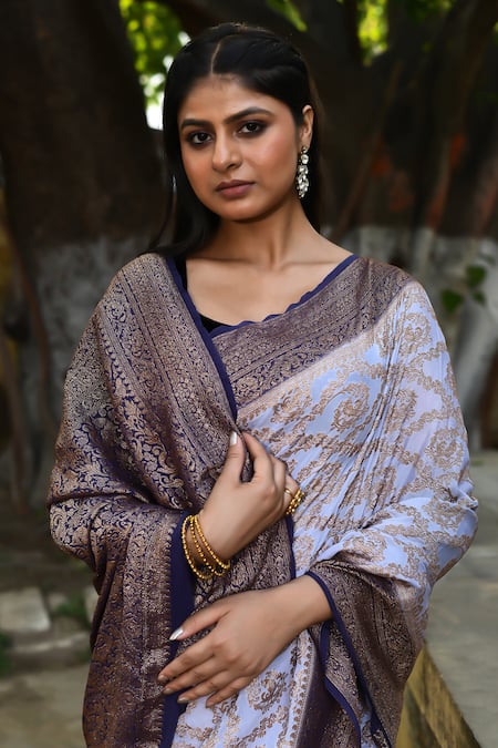 Shop_Naaritva India_Blue Crepe, Chiffon, Silk Pastel Handwoven Banarasi Saree With Running Blouse _Online_at_Aza_Fashions