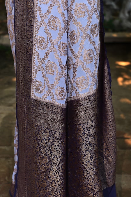 Naaritva India_Blue Crepe, Chiffon, Silk Pastel Handwoven Banarasi Saree With Running Blouse _at_Aza_Fashions