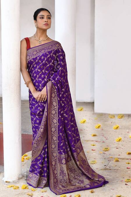 Shop_Naaritva India_Purple Crepe, Chiffon, Silk Handwoven Work Banarasi Saree With Running Blouse _Online_at_Aza_Fashions