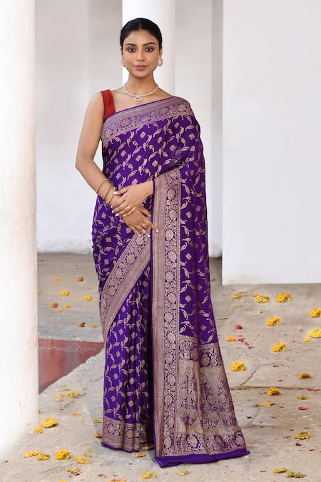Naaritva India Handwoven Zari Work Purple Banarasi Saree With Running Blouse 