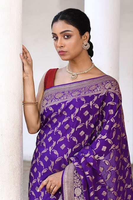 Naaritva India_Purple Crepe, Chiffon, Silk Handwoven Work Banarasi Saree With Running Blouse _at_Aza_Fashions