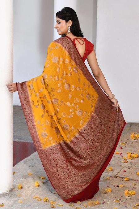Naaritva India Handwoven Zari Work Yellow Banarasi Saree With Running Blouse 