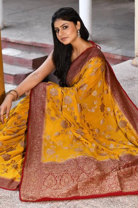 Shop_Naaritva India_Yellow Crepe, Chiffon, Silk Handwoven Work Banarasi Saree With Running Blouse _Online_at_Aza_Fashions