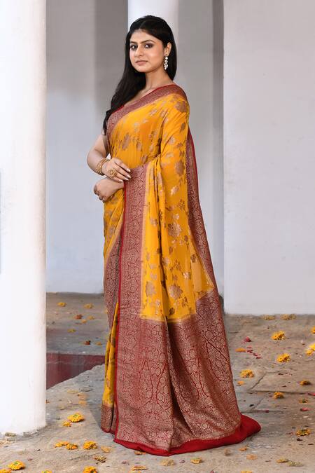 Naaritva India_Yellow Crepe, Chiffon, Silk Handwoven Work Banarasi Saree With Running Blouse _at_Aza_Fashions