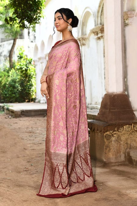 Naaritva India_Pink Crepe, Chiffon, Silk Handwoven Work Banarasi Saree With Running Blouse _Online_at_Aza_Fashions
