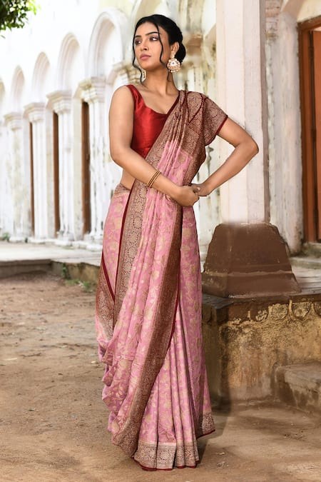 Buy_Naaritva India_Pink Crepe, Chiffon, Silk Handwoven Work Banarasi Saree With Running Blouse _Online_at_Aza_Fashions