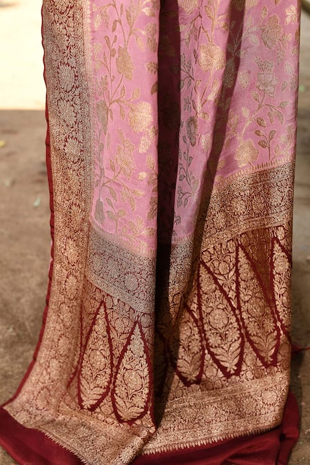 Naaritva India_Pink Crepe, Chiffon, Silk Handwoven Work Banarasi Saree With Running Blouse _at_Aza_Fashions