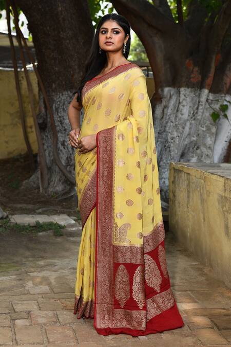 Naaritva India_Yellow Chiffon, Silk, Crepe Zari Handwoven Banarasi Saree With Running Blouse _at_Aza_Fashions