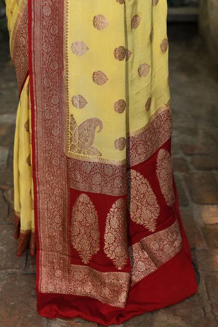 Buy_Naaritva India_Yellow Chiffon, Silk, Crepe Zari Handwoven Banarasi Saree With Running Blouse 