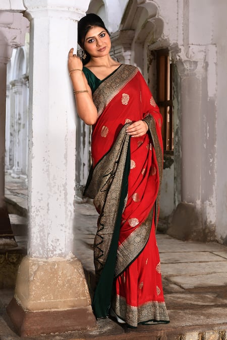 Shop_Naaritva India_Red Crepe, Chiffon, Silk Handwoven Work Banarasi Saree With Running Blouse _Online_at_Aza_Fashions