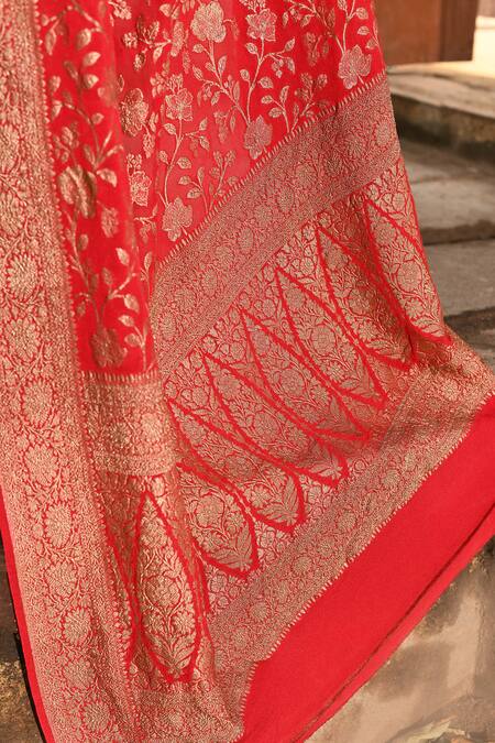 Naaritva India_Red Crepe, Chiffon, Silk Zari Handwoven Banarasi Saree With Running Blouse _at_Aza_Fashions