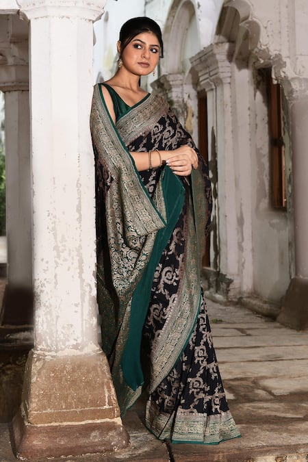 Naaritva India_Navy Crepe, Silk Zari Blue Handwoven Banarasi Saree With Running Blouse _Online_at_Aza_Fashions
