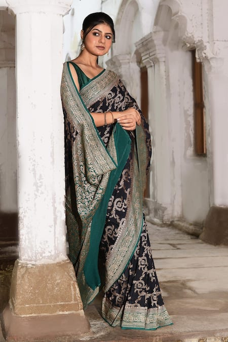Buy_Naaritva India_Navy Crepe, Silk Zari Blue Handwoven Banarasi Saree With Running Blouse _Online_at_Aza_Fashions