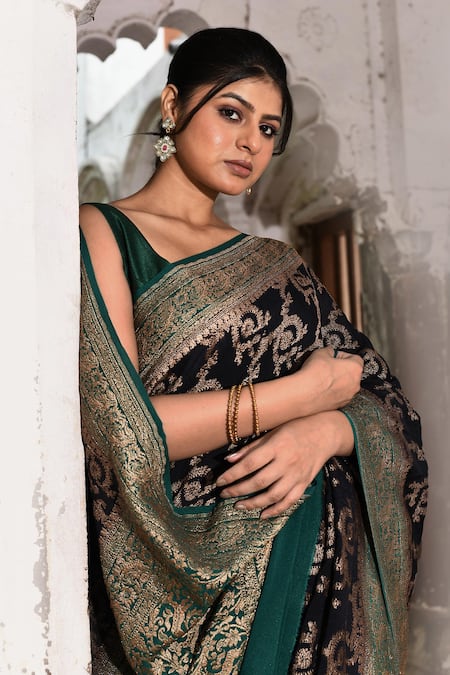Shop_Naaritva India_Navy Crepe, Silk Zari Blue Handwoven Banarasi Saree With Running Blouse _Online_at_Aza_Fashions