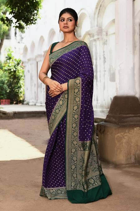 Naaritva India_Purple Crepe, Chiffon, Silk Zari Handwoven Banarasi Saree With Running Blouse _Online_at_Aza_Fashions