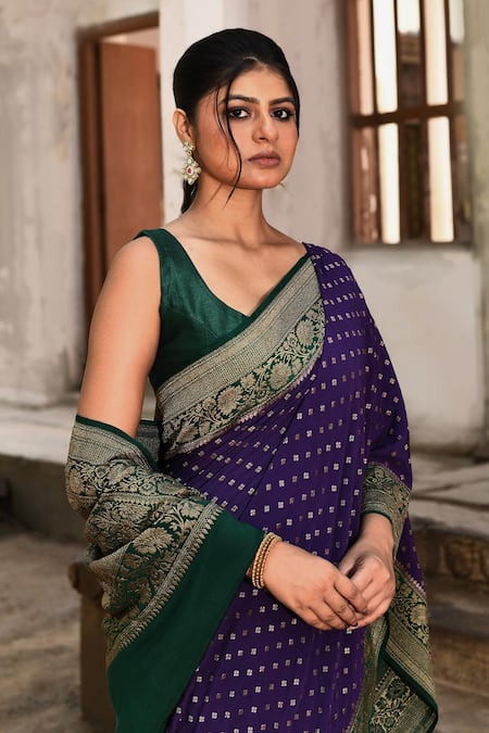 Buy_Naaritva India_Purple Crepe, Chiffon, Silk Zari Handwoven Banarasi Saree With Running Blouse _Online_at_Aza_Fashions