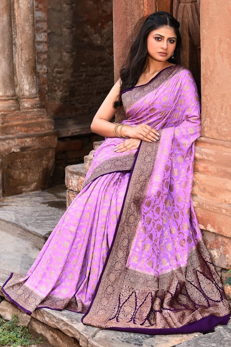 Buy_Naaritva India_Purple Crepe, Silk, Chiffon Handwoven Work Banarasi Saree With Running Blouse _Online_at_Aza_Fashions
