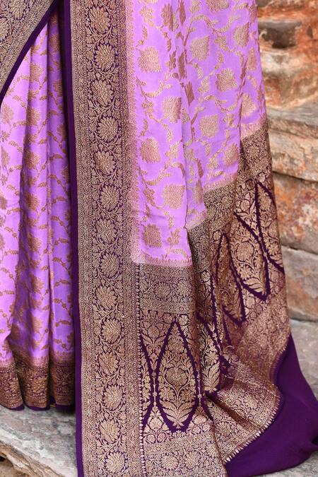 Naaritva India_Purple Crepe, Silk, Chiffon Handwoven Work Banarasi Saree With Running Blouse _at_Aza_Fashions
