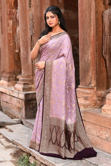 Naaritva India_Purple Crepe, Chiffon Zari Handwoven Banarasi Saree With Running Blouse _at_Aza_Fashions