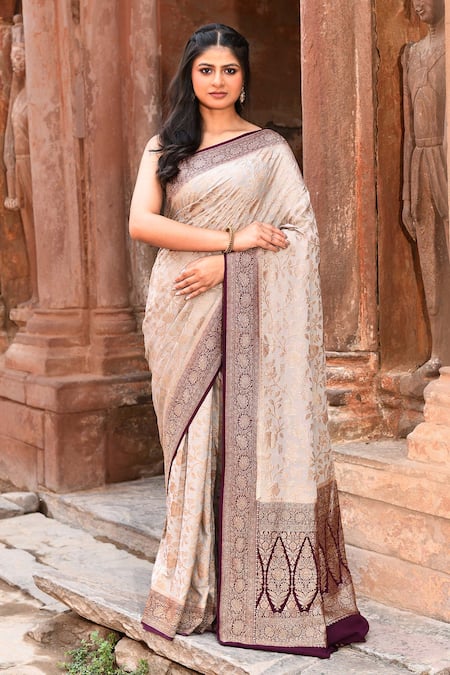 Naaritva India Beige Crepe, Chiffon, Silk Zari Handwoven Banarasi Saree With Running Blouse 