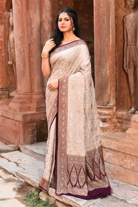 Naaritva India_Beige Crepe, Chiffon, Silk Zari Handwoven Banarasi Saree With Running Blouse _Online_at_Aza_Fashions
