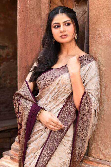 Shop_Naaritva India_Beige Crepe, Chiffon, Silk Zari Handwoven Banarasi Saree With Running Blouse _Online_at_Aza_Fashions
