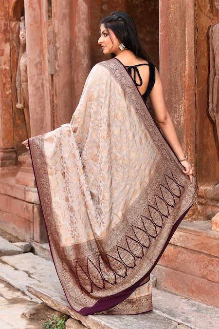 Naaritva India Beige Handwoven Zari Banarasi Saree With Running Blouse 