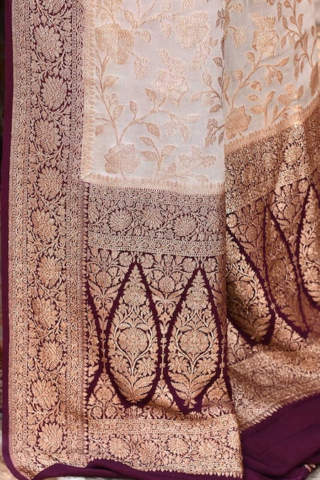 Buy_Naaritva India_Beige Crepe, Chiffon, Silk Zari Handwoven Banarasi Saree With Running Blouse 