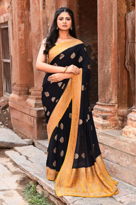 Naaritva India Black Crepe, Chiffon, Silk Zari Handwoven Banarasi Saree With Running Blouse 
