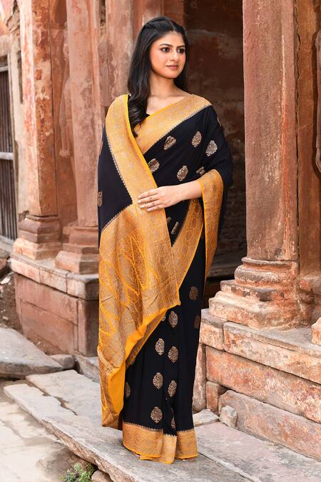 Naaritva India_Black Crepe, Chiffon, Silk Zari Handwoven Banarasi Saree With Running Blouse _Online_at_Aza_Fashions