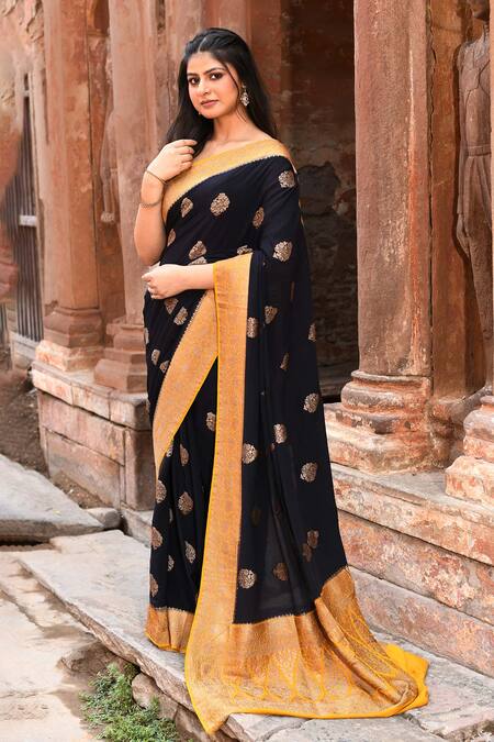 Buy_Naaritva India_Black Crepe, Chiffon, Silk Zari Handwoven Banarasi Saree With Running Blouse _Online_at_Aza_Fashions