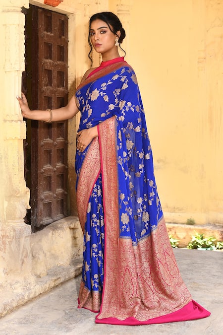 Shop_Naaritva India_Blue Crepe, Chiffon, Handwoven Work Ink Banarasi Saree With Running Blouse _Online_at_Aza_Fashions
