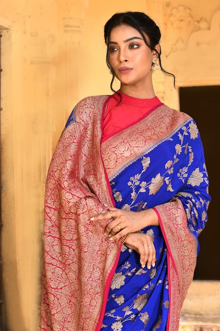 Naaritva India_Blue Crepe, Chiffon, Handwoven Work Ink Banarasi Saree With Running Blouse _at_Aza_Fashions