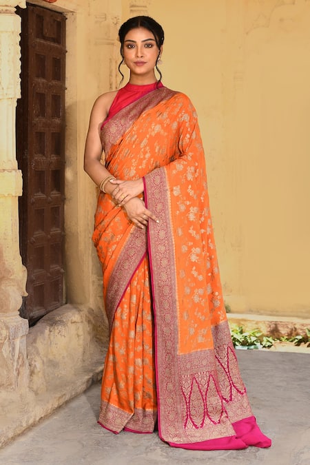 Naaritva India Orange Crepe, Silk, Chiffon Handwoven Work Banarasi Saree With Running Blouse 