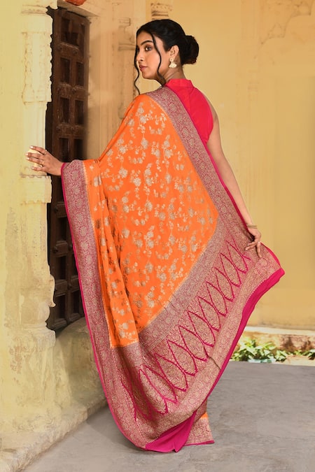 Naaritva India Handwoven Zari Work Orange Banarasi Saree With Running Blouse 