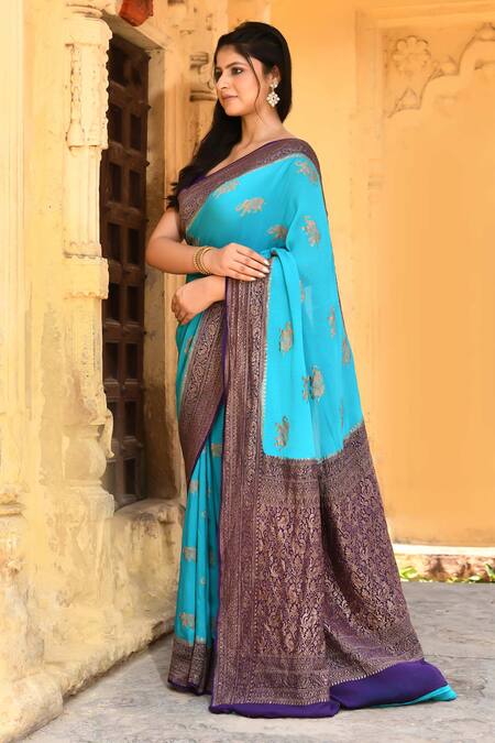 Buy_Naaritva India_Sky Blue Crepe, Chiffon, Silk Zari Handwoven Banarasi Saree With Running Blouse _Online_at_Aza_Fashions