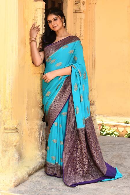 Shop_Naaritva India_Sky Blue Crepe, Chiffon, Silk Zari Handwoven Banarasi Saree With Running Blouse _Online_at_Aza_Fashions