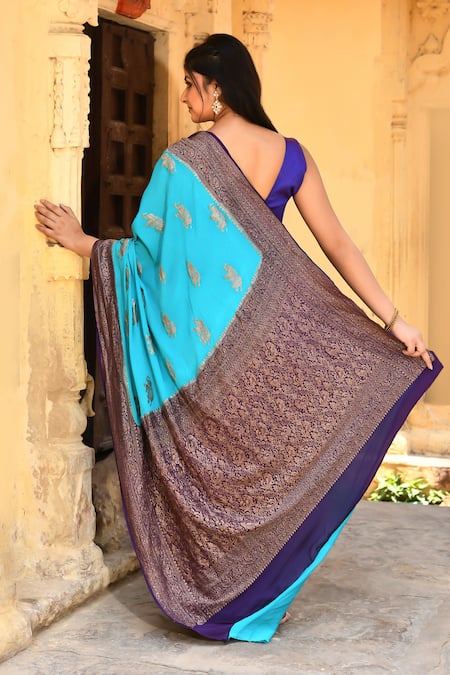 Naaritva India Sky Blue Handwoven Zari Banarasi Saree With Running Blouse 