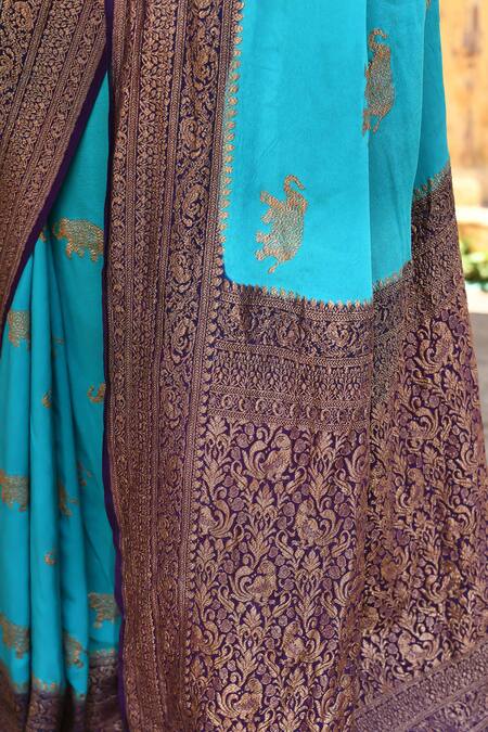 Naaritva India_Sky Blue Crepe, Chiffon, Silk Zari Handwoven Banarasi Saree With Running Blouse _at_Aza_Fashions